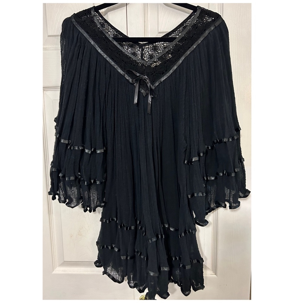 NWOT Elan Anthropology, Black Mesh, Ribbon Detail Semi Sheer Boho Top / Cover Up - Picture 4 of 10